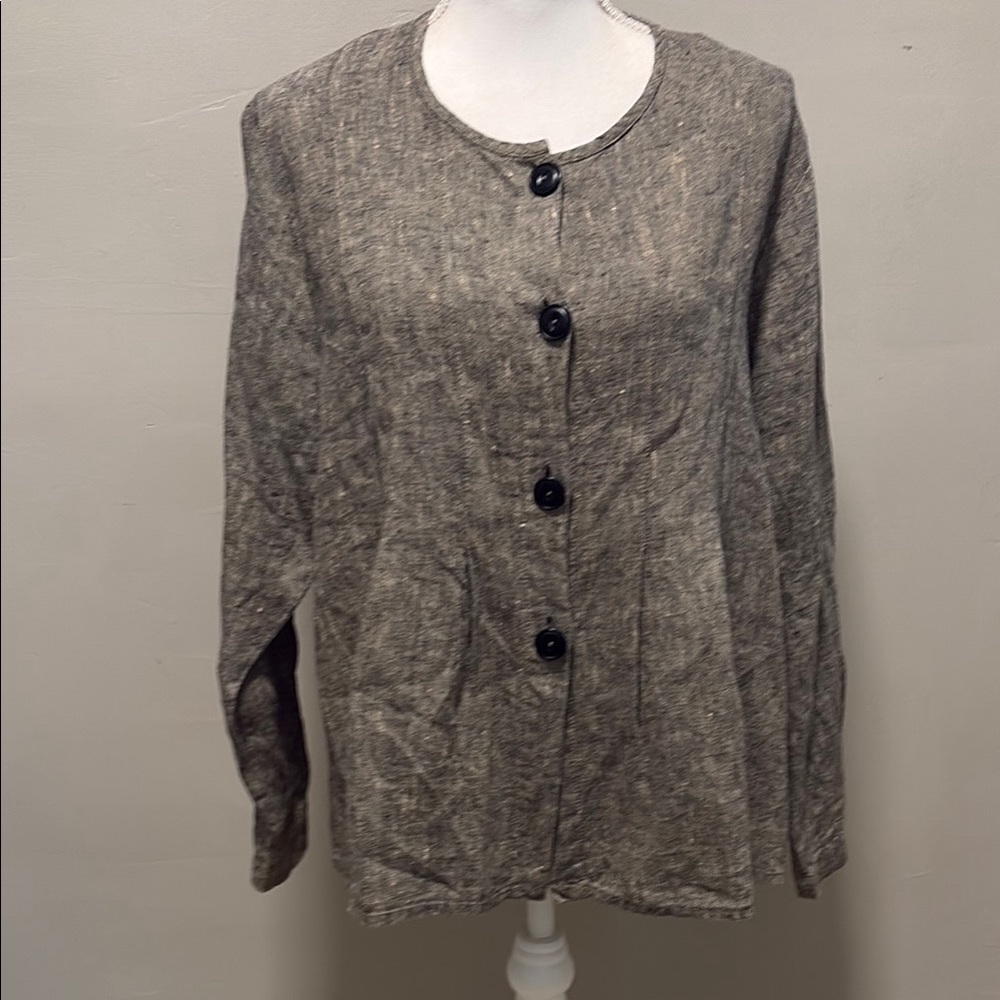 FLAX Brand Linen Gray Button-Front Modern Shirt Top